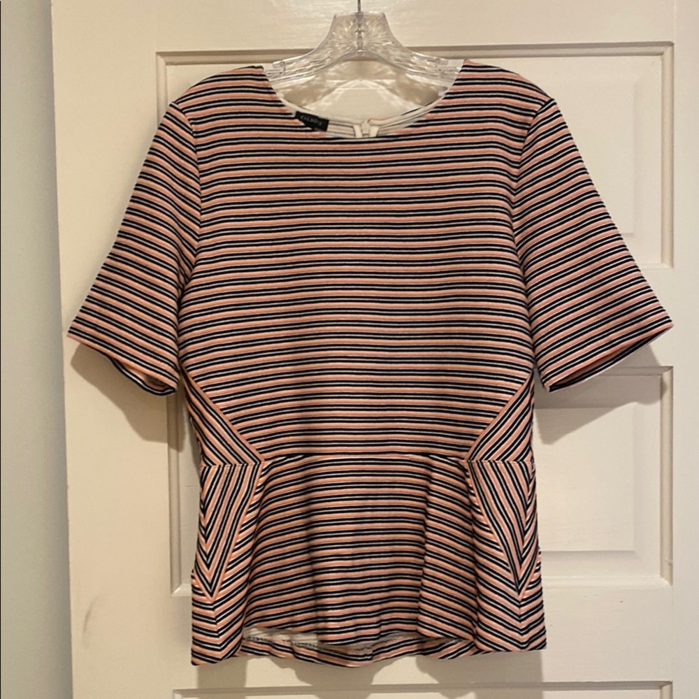 Talbots coral/black striped Peplum Short Sleeve Blouse